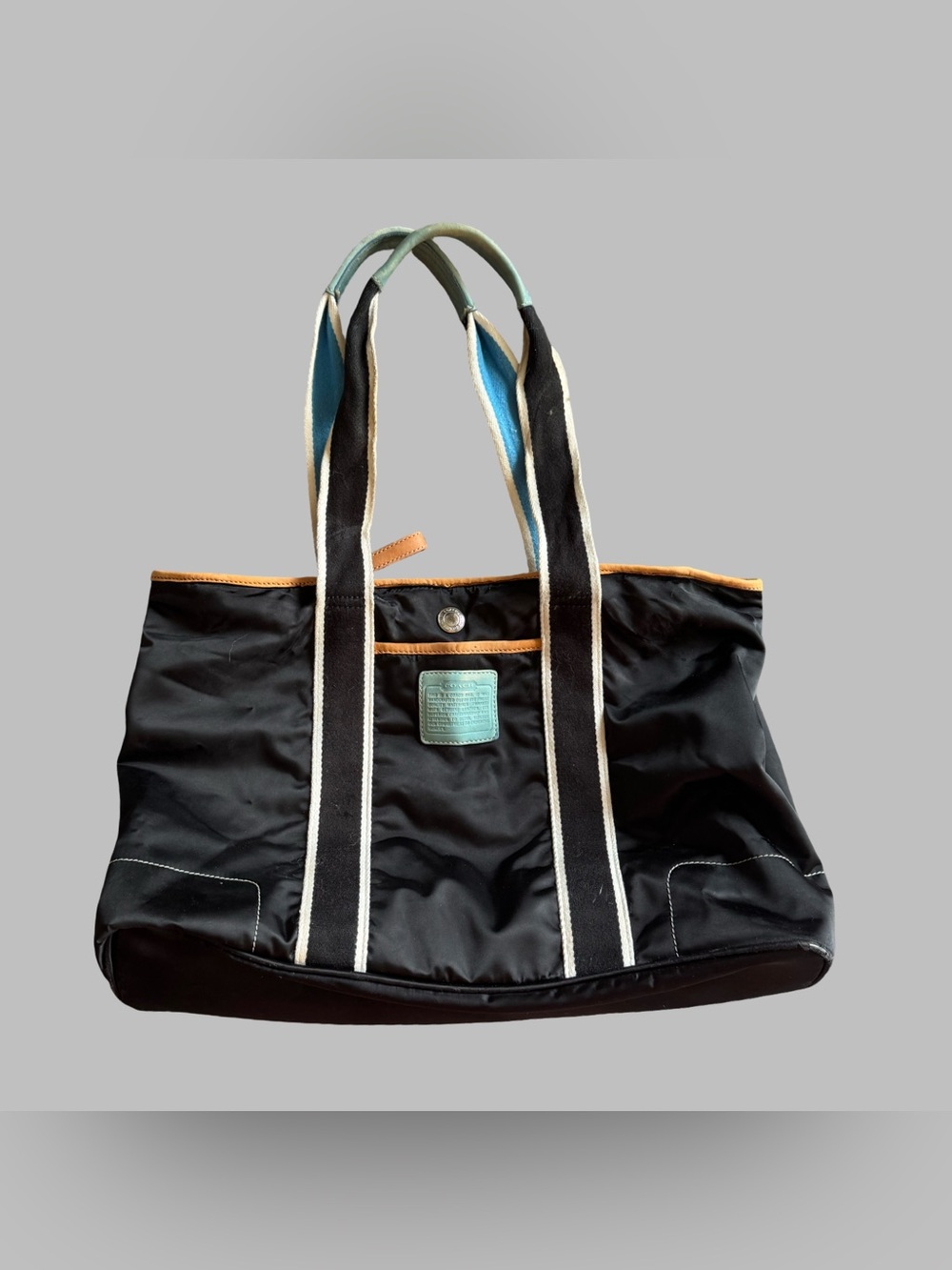 Black and Tan Canvas Tote Bag with Blue Accents